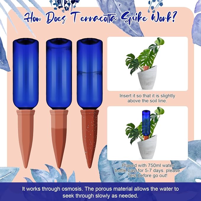 Teenyyou 12 Pcs Watering Spikes for Indoor Plants Include Terracotta Self Watering Spikes Devices and 26 oz Plastic Bottles Slow Release Vacation Insert Automatic(Blue)