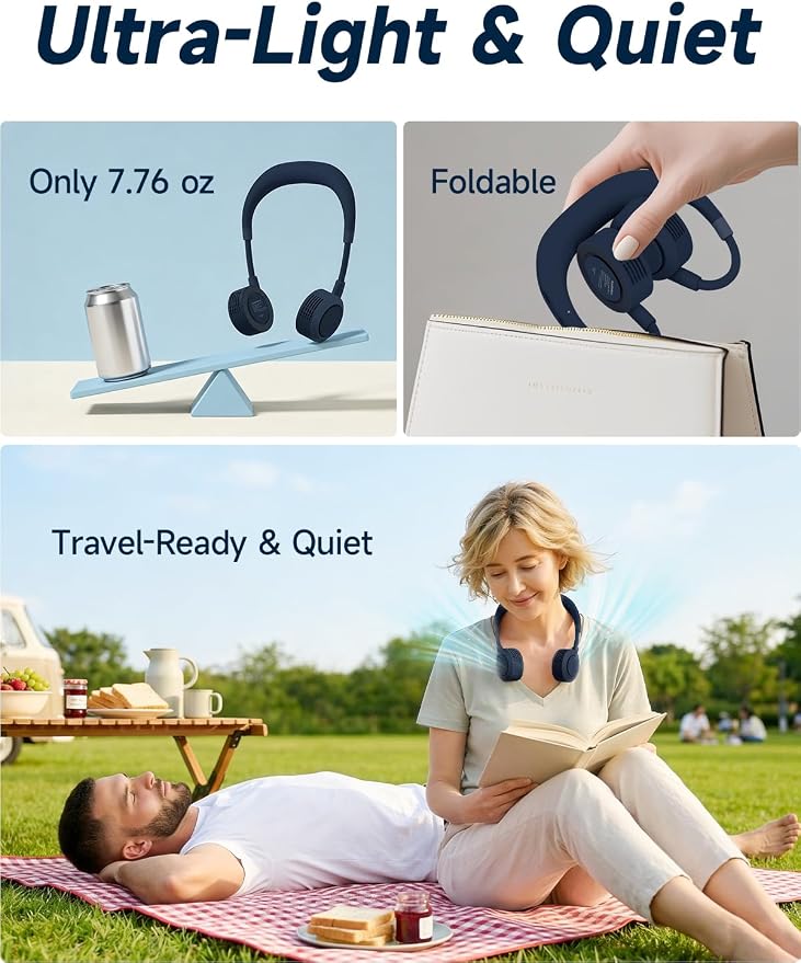 Portable Neck Fan - Hands Free Personal Face Fan, 5 Speeds Rechargeable Wearable Cooling Fan, Flexible Foldable Small Thin Quiet Neck Cooler for Travel, Work, Hot Flashes (Smoky Gray)