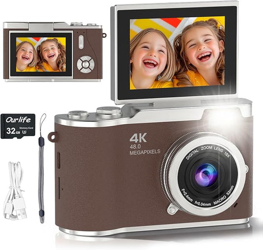 4K Digital Camera,Autofocus 48MP Selfie Vlogging Camera Compact Point and Shoot Camera with 180° Flip Screen,8X Zoom Anti Shake 32GB Card Photography Gifts for Beginners Kids Teens