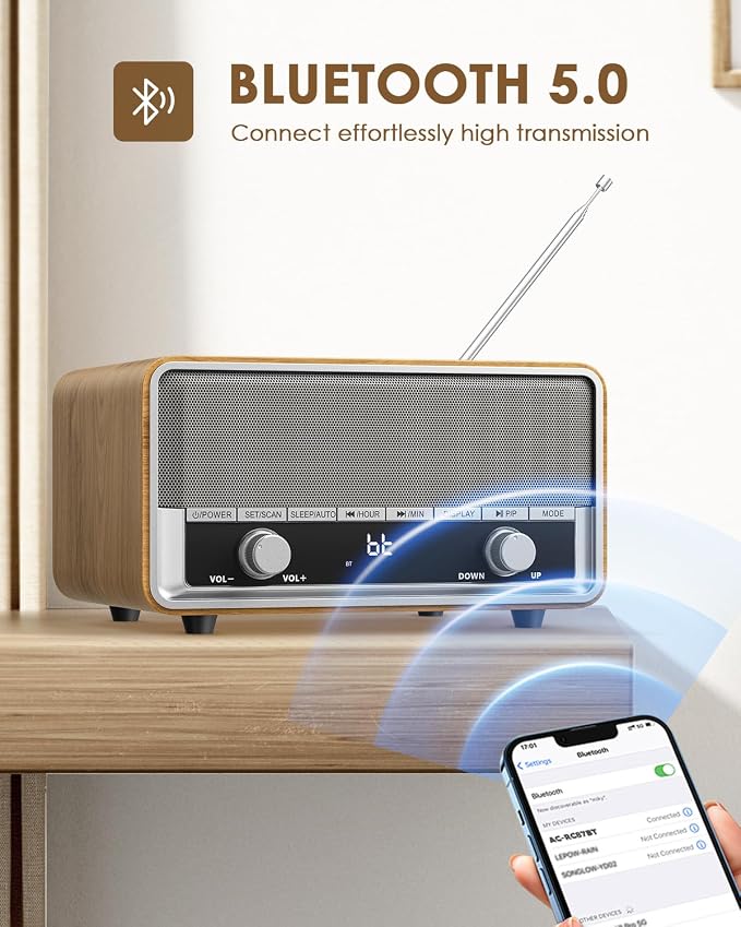 Vintage Wood AM FM Bluetooth Radio Plug in Wall, Digital Radio with Time Display | No Alarm | Sleep Timer |40 Presets, Retro Bluetooth Speaker for Office, Kitchen (Light Walnut)