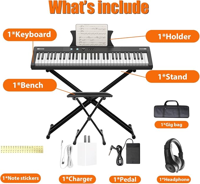 Garvee Electronic Keyboards Piano 61 Key Weighted, Portable Keyboards Piano with Headphone, Bag, X-Stand, Stool, Holder, Note Stickers