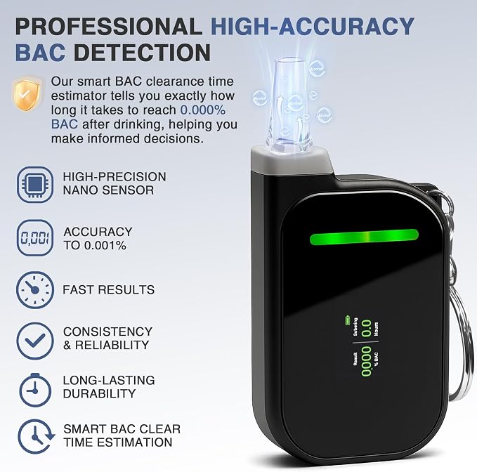 Portable Breathalyzers for Alcohol, Professional-Grade High Accuracy Alcohol Breathalyzer Tester Keychain, USB Rechargeable, 3-Color Warning & Sobriety Time Reminder, 10 Mouthpieces Included, Black