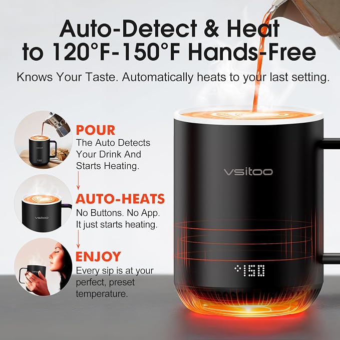 Vsitoo S3 12oz Heated Espresso Mug, Smart Self Heating Coffee Mug for Espresso Lovers, AI Auto-Sensing Temperature Control 120-150℉, Rechargeable Mug Warmer, 316 SS IPX7, Gift for Women Men, White
