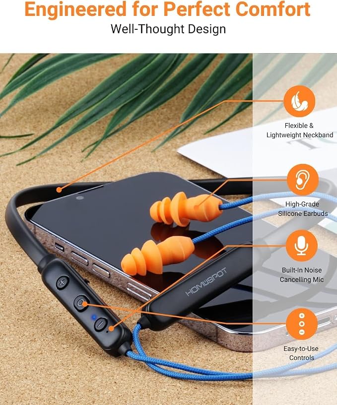 Noise Reduction Wireless Neckband Headphones with Qualcomm aptX HD, 27dB NRR, CVC Noise Cancelling Mic & Controls and 20H Playtime for Work Safety OSHA Compliant