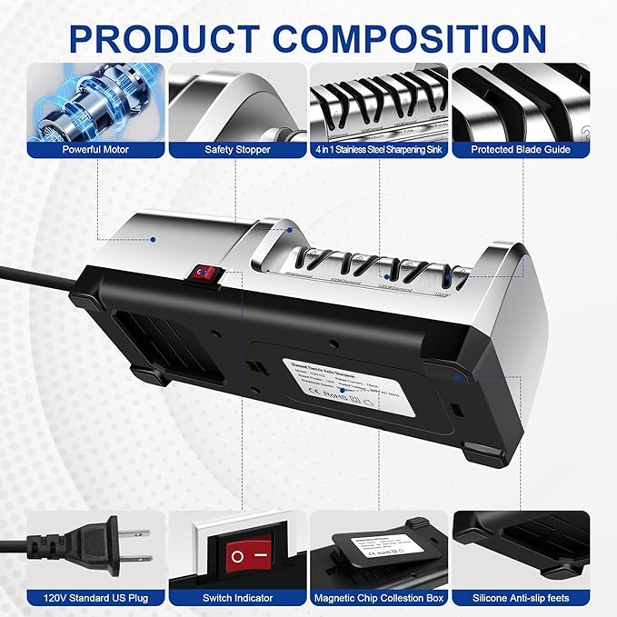 YBSVO 4-Stage Professional Electric Knife Sharpener | Heavy Duty Diamond Sharpening System for Straight & Serrated Knives - Quiet Motor for Kitchen & Chef Use