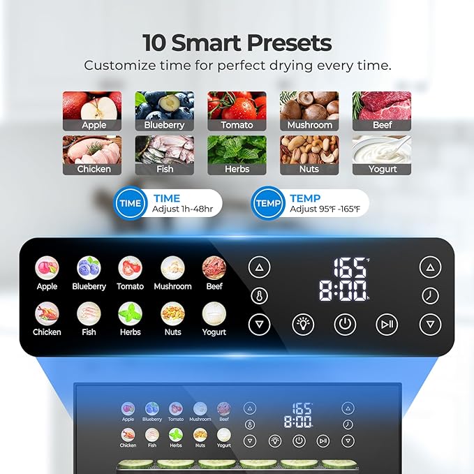OSTBA Food Dehydrator, 12 Stainless Steel Trays, 95–165℉ Adjustable Temp, 48h Digital Timer, 850W Food Dryer, Front Control Panel with 10 Presets for Fruit, Vegetable, Jerky, Herb, Commercial Use