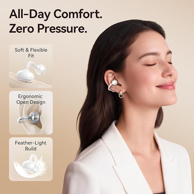 Kinglucky Jewelry-Inspired Clip-On Earbuds with Butterfly Earrings, Comfortable Fit & 40H Playtime Open Ear Bluetooth 5.4 Wireless Headphones for Women, Small Ears, Sports & Workouts (White)