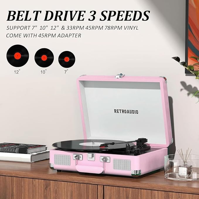 Vinyl Record Player with Built-in Speakers 3-Speed Vintage Record Player Bluetooth Portable Suitcase Turntable Belt-Driven LP Player Support RCA Output and Headphone Output (Pink)
