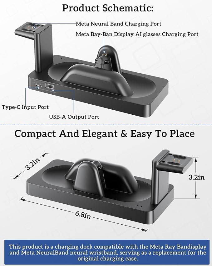 Charging Dock for Meta RayBan Display&Neural Band Smart Glasses Accessories | 3-in-1 Dock, One-stop Charging. Smart chip + Fast charging. Dual-Color LED Status. Contact Charging. Drop & Charge