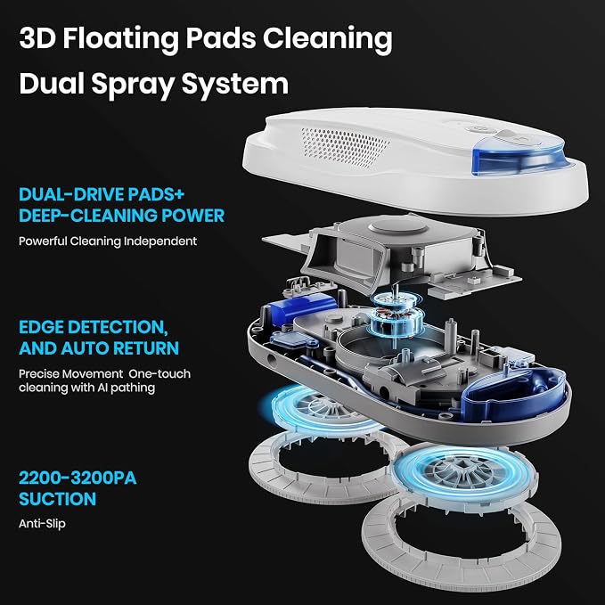 KKI Window Cleaning Robot, Auto Window Cleaner Robot, Dual Spray, Max 3200Pa, AI Path Planning & Edge Detection, Remote Control for High-Rise Windows Outside/Inside,8 Cloths, X3 (White)