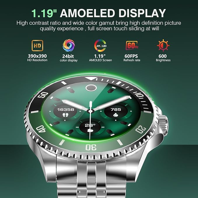 SOUYIE GPT AI Smart Watch for Men, Bluetooth Call Heart Rate Blood Pressure Blood Oxygen Sleep Monitor, 107 Sports Modes 1.19" AMOLED Display Waterproof Fitness Tracker Android iOS, 44mm Silver Green