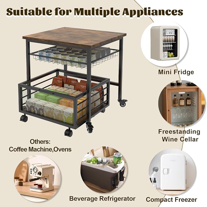 Mini Fridge Stand with Storage, 260LBS Heavy Duty Compact Refrigerator Shelf, 19.7 * 19.7" Movable Mini Fridge Table, Coffee Bar with Lockable Wheels for Kitchen, Home, Office or Dorm