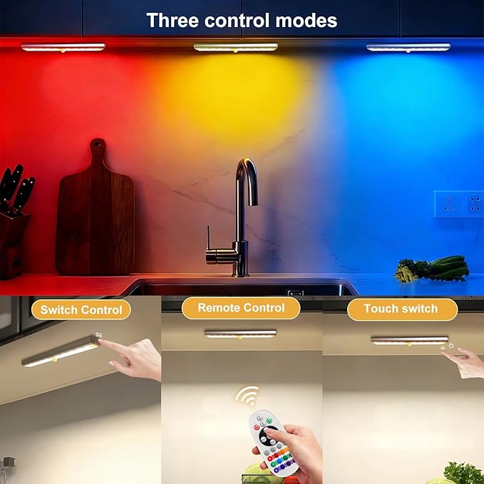 Under Cabinet Lighting,48LED RGB Rechargeable Under Cabinet Lights with Remote,Dimmable & 15 Color Temps,Magnetic Closet Light Bar,Wireless Under Counter Lights for Kitchen,Car,Shelf(5 Pack)