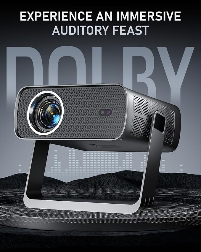 [Officially-Licensed App & Auto Focus]Light Grey Smart Mini Projector with WiFi and Bluetooth, XuanPad 4K Support Movie Projector, Portable Native 1080P Outdoor Projector with 360° Stand