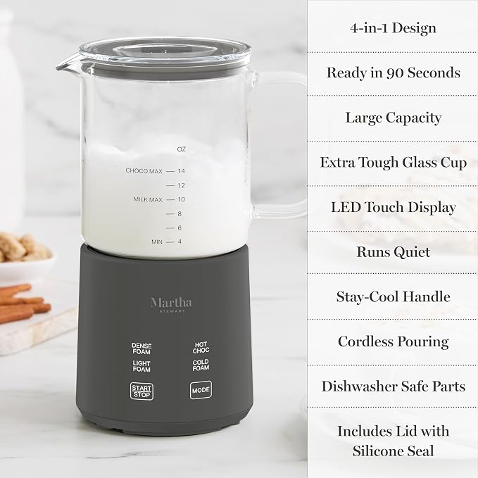 Martha Stewart Milk Frother and Steamer, 10oz/300ml Glass Cup, 4 Presets (Cold Foam, Light, Dense & Hot Chocolate), Ready in 90 Seconds, Cordless Pouring, One-Touch for Hot and Cold Milk, Caviar Gray
