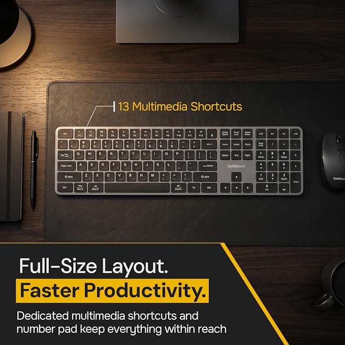 Goldtouch Trident Standard Keyboard. Full-Size Multi-Device Keyboard. 2.4GHz, Dual Bluetooth & USB Wired. Low-Profile Scissor Switch. 6-Month Battery. Slim Office Keyboard
