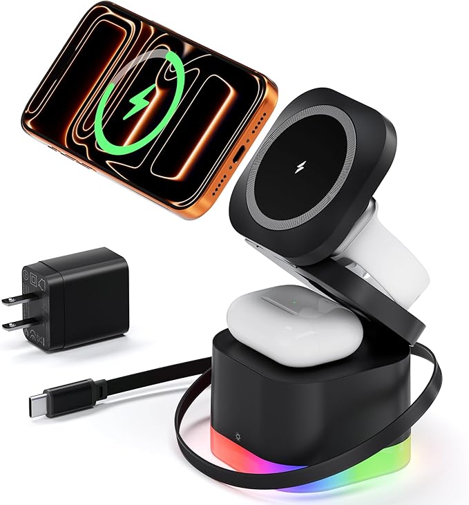 5 in 1 Magnetic Wireless Charger Stand with Night Light, Foldable Wireless Charging Station Built-in Retractable Cable, Fast Wireless Charger for iPhone 17/16/15/14/13/12, Apple Watch, AirPods Pro 3