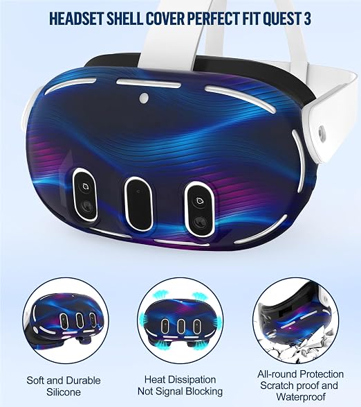 Silicone Cover Set Compatible with Oculus/Meta Quest 3, Touch Controller Grips Cover, VR Shell Cover, Facial Interface Cover, Protective Lens Cover, Tempered Glass Lens Caps (Aurora Blue)