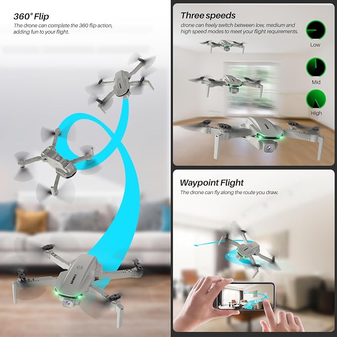 SIMREX Drone With Camera 1080P for Kids And Adults, RC Quadcopter with Altitude Hold, Mini Drone With One Key Start, Waypoint Fly, Headless Mode, 3D Flip, 3 Speeds, Remote Control Drone for Beginners