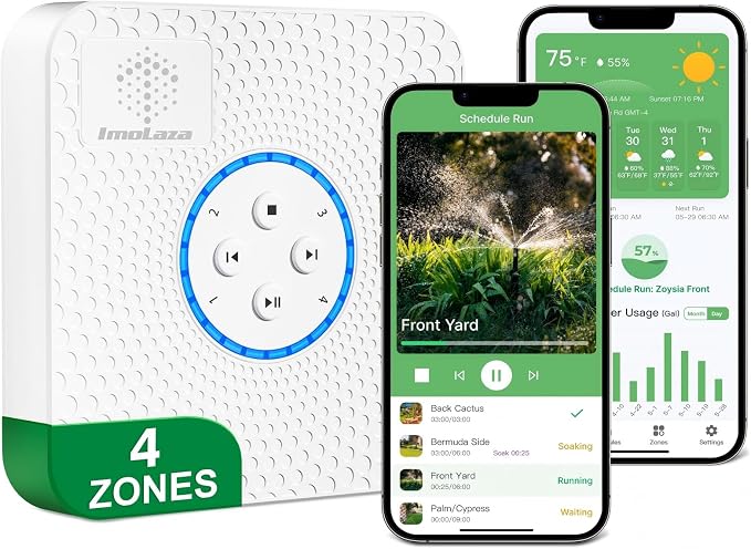 ImoLaza Indoor Smart Sprinkler Controller, ET Automatic Watering Irrigation Controller,2.4GHz WiFi, Ultra Water Saving via Rain/Wind/Freeze/Saturation Skip, App Remote Control & Fault Alerts (4-Zone)