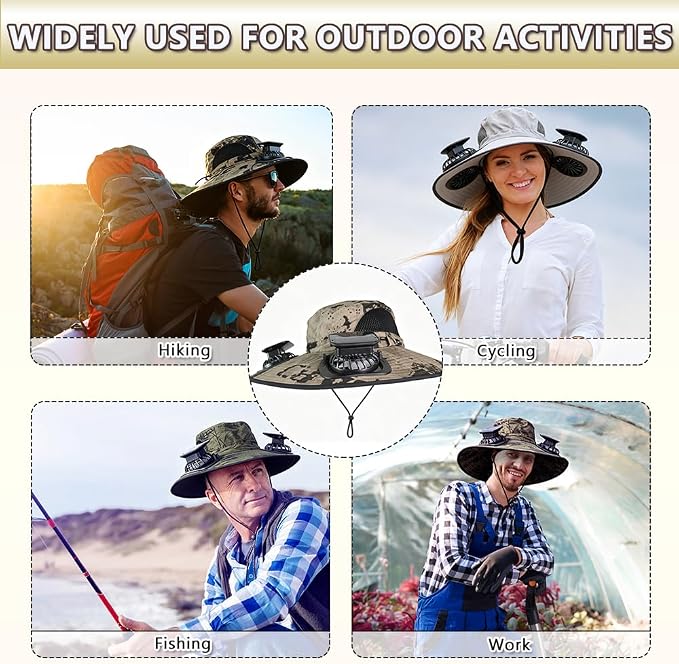 Solar Fan Hat Rechargeable 2Detachable Solar Fans,Water-Repellent Wide Brim Bucket Hat, Outdoor Camping Hiking Golf Sun Hat