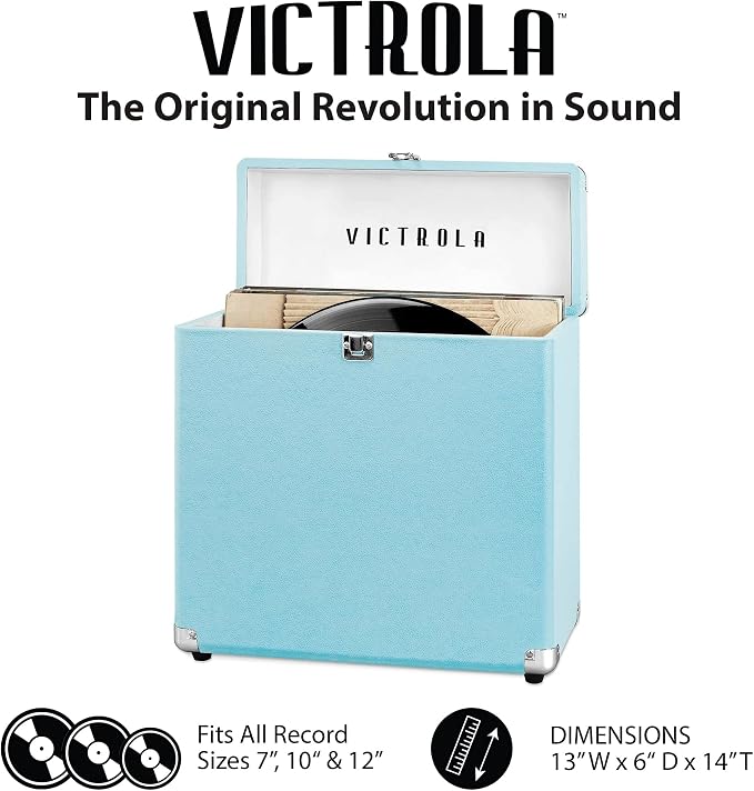 Victrola Collector – Record Storage Case – Holds 30+ Vinyl Turntable Records, Heavy-Duty Hardware, Hinges, & Smart Metal Corners, Portable with Easy-Carry Handle (Turquoise)
