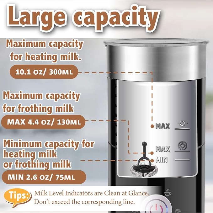 Huogary Electric Milk Frother and Steamer - 4 In 1 Automatic Milk Steamer, 300ml/10.1oz Hot& Cold Foam Maker and Milk Warmer For Latte, Cappuccinos, Macchiato, Black