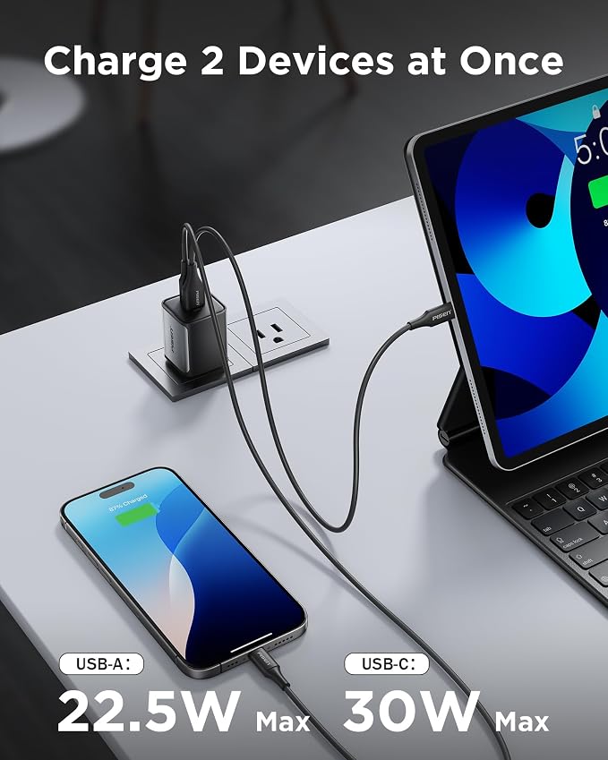 PISEN 2-in-1 Mag-Safe Charger Stand - Wireless Charger Charging Station for Multiple Devices & 30W USB C Charger - 30 Watt Dual Port PD QC 3.0 GaN Charging Block, 30W USB C Wall Charger, 2-Port 30 Wat