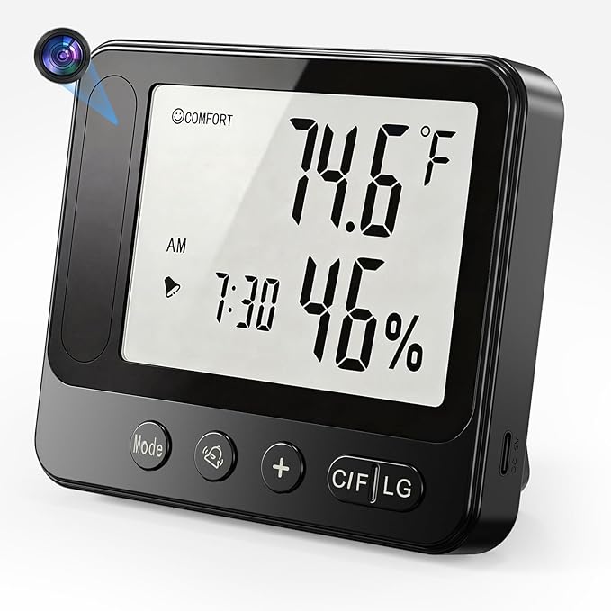 Hidden Camera with Temperature & Humidity Monitor, 4k Indoor WiFi Nanny Cam with Motion Detection, Night Vision, Live View by App, Security Camera for Home, Office, Greenhouse, Garage