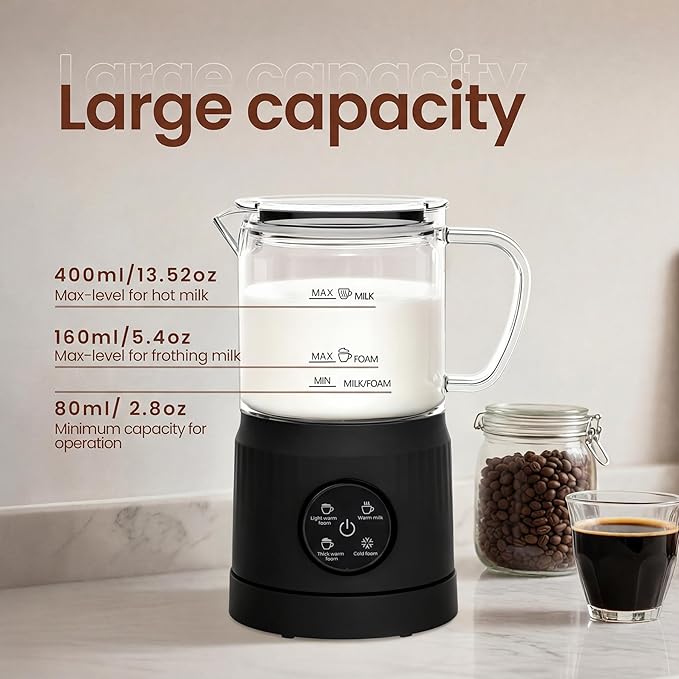 Casimhu 4-in-1 Milk Frother, Electric Milk Frother and Steamer with LED Touch Screen, Ceramic Lining Bottom, Milk Warmer 13.52oz for Lattes, Cappuccinos, and Macchiatos at Home (Black)