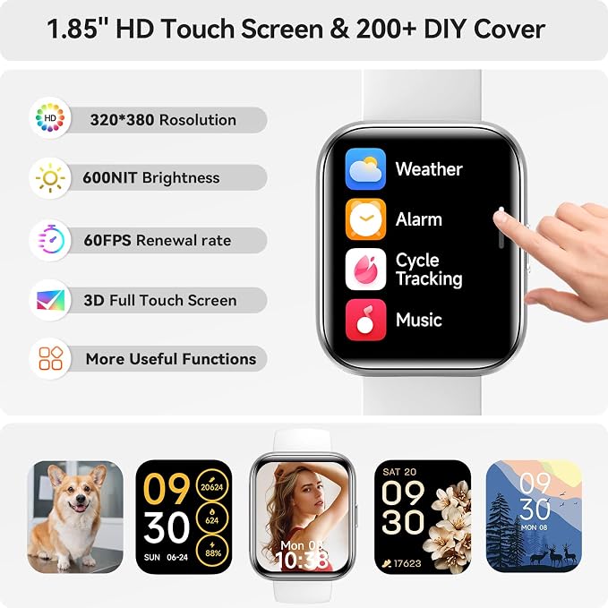 Smart Watches for Women Men, 1.85" HD Smartwatch Compatible iPhone/Samsung/Android (Answer/Make), Fitness Tracker Watch with Heart Rate/Sleep Monitor, Smart Watches 3ATM Waterproof 120+ Sport Modes
