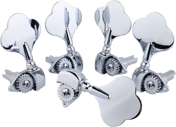 Guyker Open Frame Electric Bass Machine Head (3R + 2L) - 1:20 Ratio Gear Tuners Tuning Key Pegs - chrome
