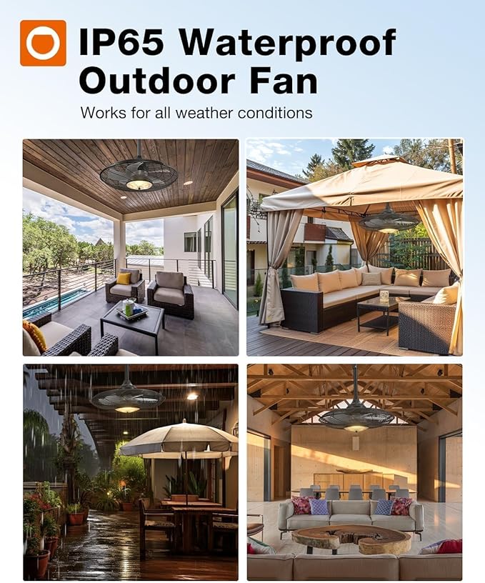 addlon Outdoor Ceiling Fan with Light for Patios, 20 inch Black Waterproof Gazebo Fan with Remote&APP Control, Reversible, Dimmable, Plug in Hook Mount Portable Fan for Garage Pergola Porch Canopy