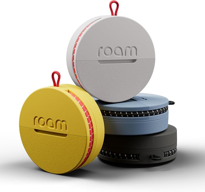 ROAM SMART TRACKER - Bluetooth Tracker & Item Locator for Keys, Luggage, Kid & Pet Gear, (iOS, Android), No App or Subscription, Fast Setup, Waterproof | 4-Pack, Black, Blue, Yellow & Gray