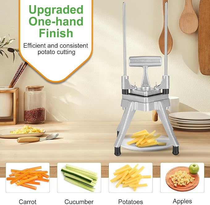 Commercial Vegetable Chopper & French Fry Cutter Stainless Steel - Includes 3 Blade Sizes (1/2",3/8",1/4")- Perfect for Home Kitchen or Restaurant Use - Dices, Slices & Chops Fruits and Potato