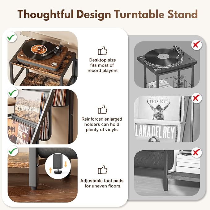 Bikoney Record Player Stand, Turntable Stand with 3-Tier Vinyl Record Storage, Record Player Table 200 Albums, End Table with Vinyl Display Holder Shelf, Record Player Cabinet Media Console for Stereo