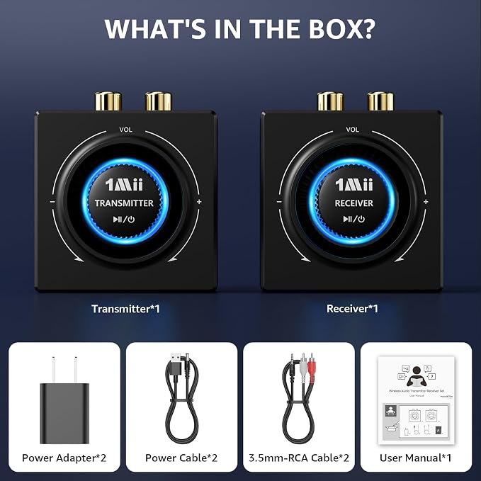 1Mii 2.4GHz (1 TX + 1 RX), Wireless Transmitter Receiver - 200ft Long Range 25ms Low Latency, Wireless Audio Adapter with RCA/AUX, Plug & Play for TV/Home Stereo/Soundbar/Powered Speakers/Amplifier