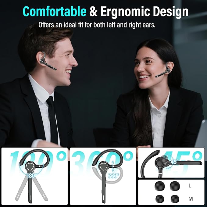Bluetooth Headset with APTX HD Audio, Wireless Hands-Free Earpiece with CVC 8.0/ENC Dual Mic, Mute Button & Dual Device Connection, 90H Playtime Single-Ear Headphone for Trucker, Business, Black