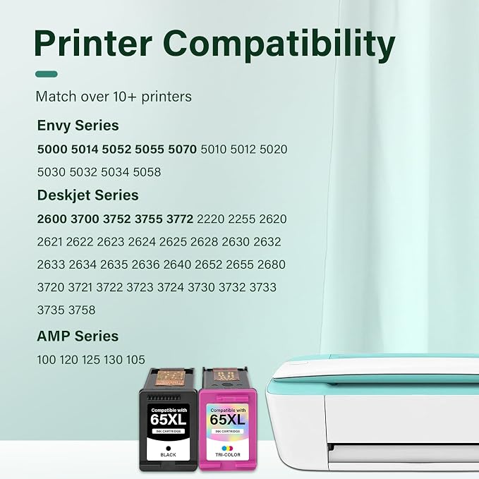65XL 65 Ink Cartridges Black/Color Combo Pack DeskJet 3755 Envy 5055 Replacement for HP65 XL Black and Color for HP Envy 5052 5000 DeskJet 3772 3700 2600 3752 Printer (Black Tri-Color)