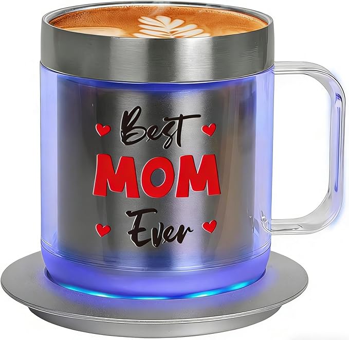 Mom Birthday Gifts, 12oz Self Heating Coffee Mug Featuring BEST MOM EVER, USB Electric Temperature Control Cup, Mothers Day Gift from Husband Daughter Son(Silver MOM-12oz)