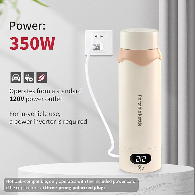 Insulated Stainless Steel Electric Kettle Small, Smart Water Bottle with 4 Temperature Control, Leak-Proof, Mini Travel Essentials Portable Office Gifts for Tea Lovers, Cream