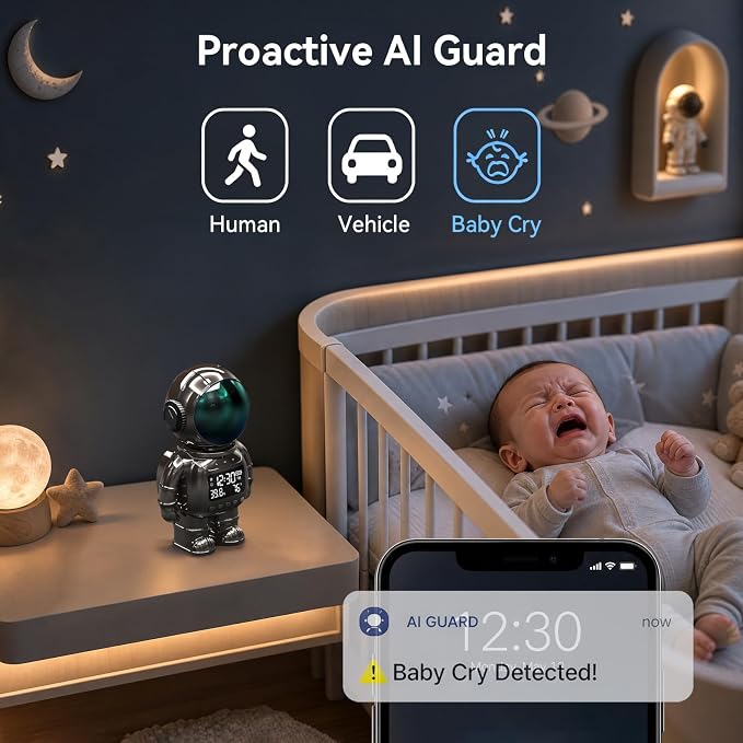 GBIUT Robot Alarm Clock Camera, 2K HD 5G/2.4Ghz WiFi Pet Robot Camera, Human Detection, Night Vision, Two-Way Talk & Motion Alert, Temp Humidity Display, Space Gift for Kids