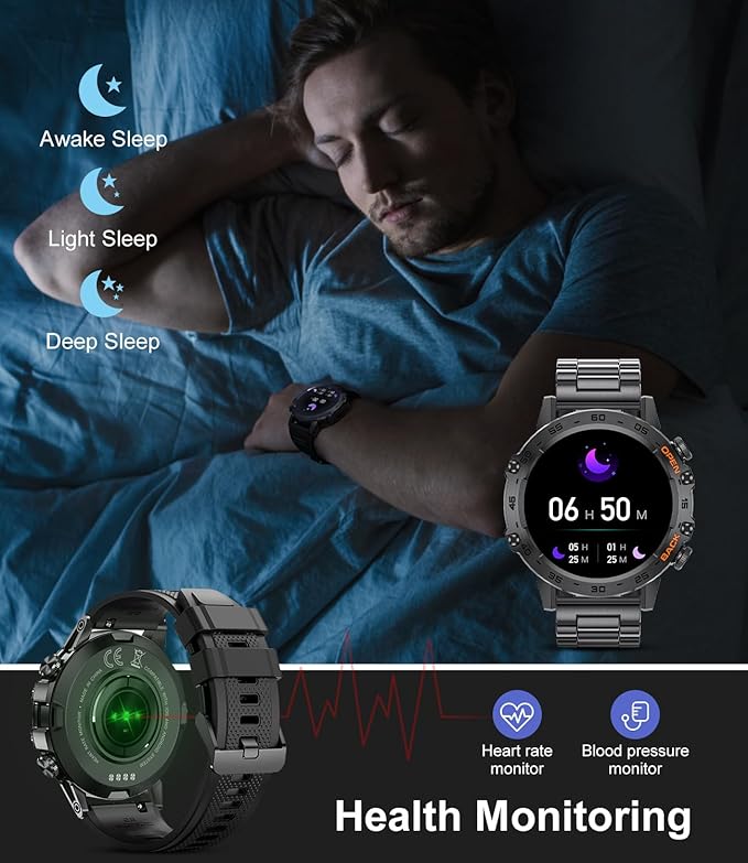 SUNKTA Smart Watches for Men(Answer/Calls),1.39 inch Touchscreen/5ATM Waterproof/120+ Sports Modes Fitness Watch with Heart Rate for Android/iOS Steel Black