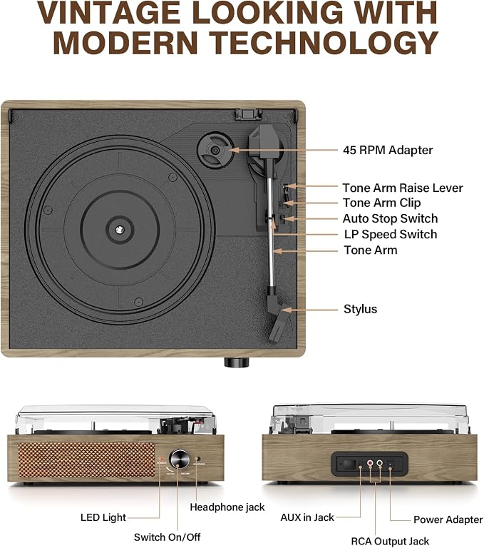 Bluetooth Vinyl Record Player,3-Speed Turntable with Stereo Speakers Vintage Phonograph Record Player, with RCA Line Out AUX in Headphone Jack Grey Wood