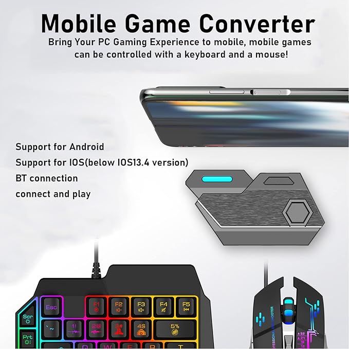 Gaming Keyboard Converter Gaming Keyboard Set RGB Gradient USB One Handed Keyboard Type C Wired Mobile Phone Holder(Mix SE automatic pressure gun set)