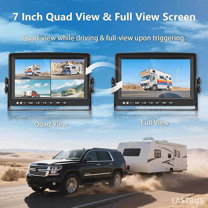 7'' RV Camera System for RV Semi-Truck Trailer Camper, 4 Split Screen Quad View HD DVR Recording Monitor + IP69K Waterproof Night Vision Rear & Side View Backup Camera to Eliminate Blind Spots