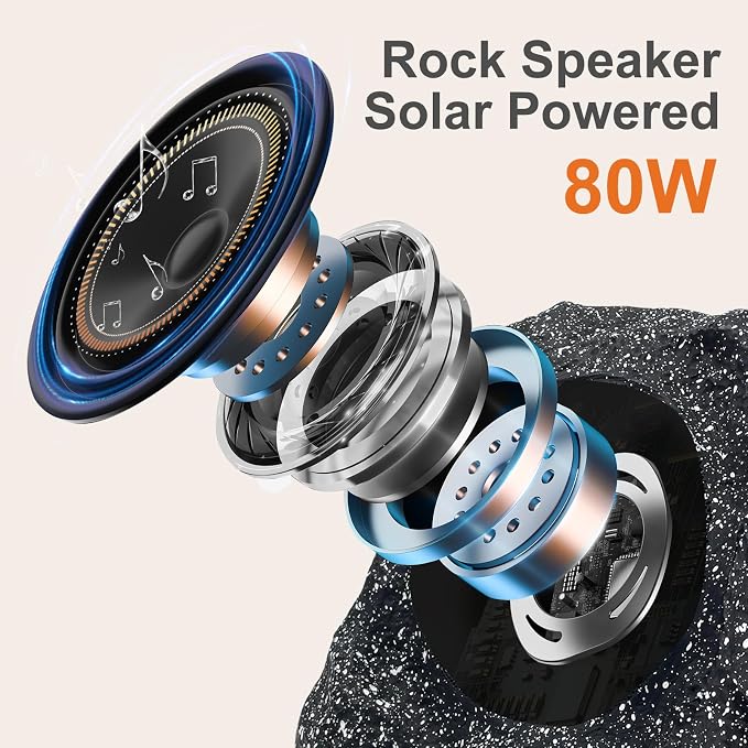 STUDIOFINIX 4" Outdoor Rock Speaker Waterproof Bluetooth Wireless Solar Powered with Rechargeable Battery for Patio, Deck, Pool, Garden(Single, Gray)