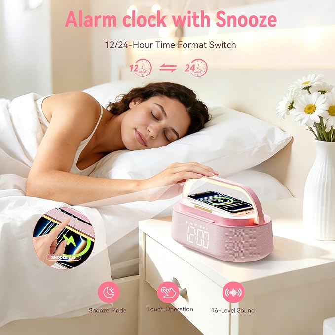 FREEFISH 6 in 1 Bluetooth Speaker with Wireless Charge, FM Radio, Night Light, Snooze, Phone Stand, Bedroom Portable Speaker 2500mAh Battery Dual Speakers for Bedside, Home, Office, Gift (Pink)