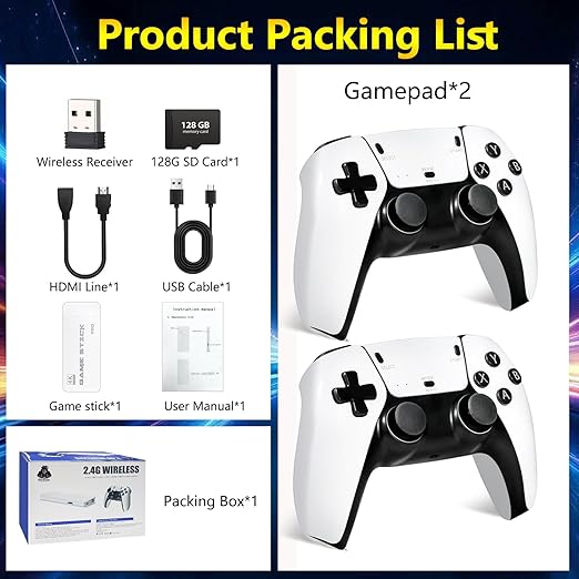 TEFELE 2026New Wireless Retro Game Console 23 Simulators and Over 40,000 Games Plug and Play 4K HD HDMI TV Game Stick 2.4G with Dual 2.4G Wireless Controllers(128G)