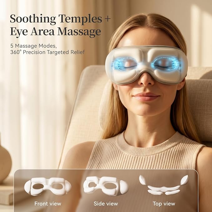 ReliefRX Ultra-Quiet Eye Massager with Heat and Cooling, Lightweight Eye Massager, Birthday Gift for Women Husband, for Home, Office, and Travel - Creamy White